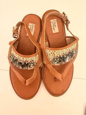 Crown Vintage Tan Woven Gem Thong Sandals